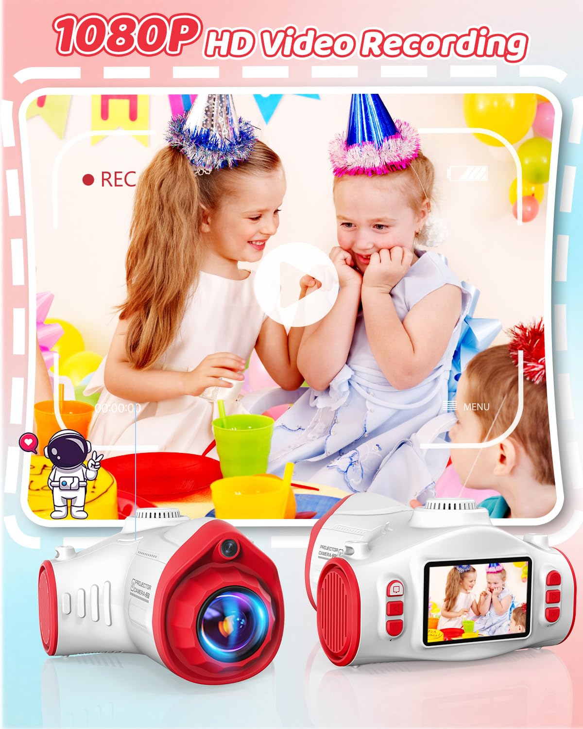 Macchina Fotografica per Bambini, Usteetic Proiettore Fotocamera per Bambini 1080P Fotocamera Digitale Regalo di Natale Giocattolo per 3 4 5 6 8 7 9 10 11 12 Anni Ragazzi e Ragazze, Astronave