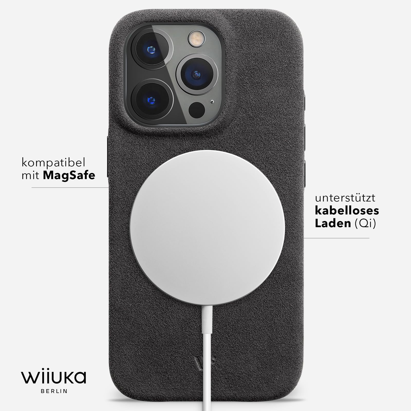 WIIUKA futerał na iPhone 16 Pro Max, oryginalna alcantara®, ręcznie robiona, bardzo cienka, etui klasy premium, Qi, alternatywa dla skóry, skiin Alcantara, kolor Mystery Grau