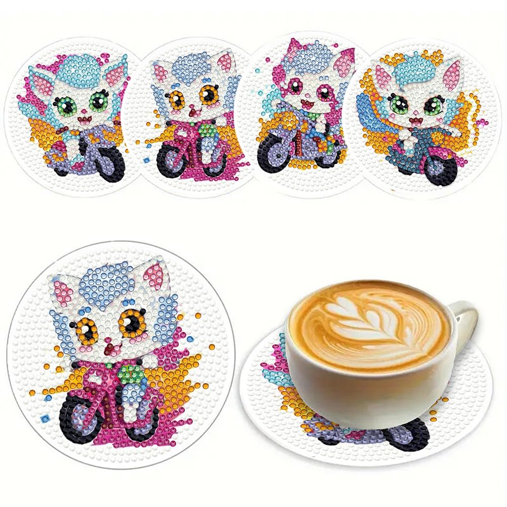 4 Pcs Wooden Diamond Painting Coasters Kits, Cute Shining Animal Big Eyes Car Drink Coasters, Rhinestone DIY Circular Coaster Diamond Dot Kits for Home Table Decoration-13