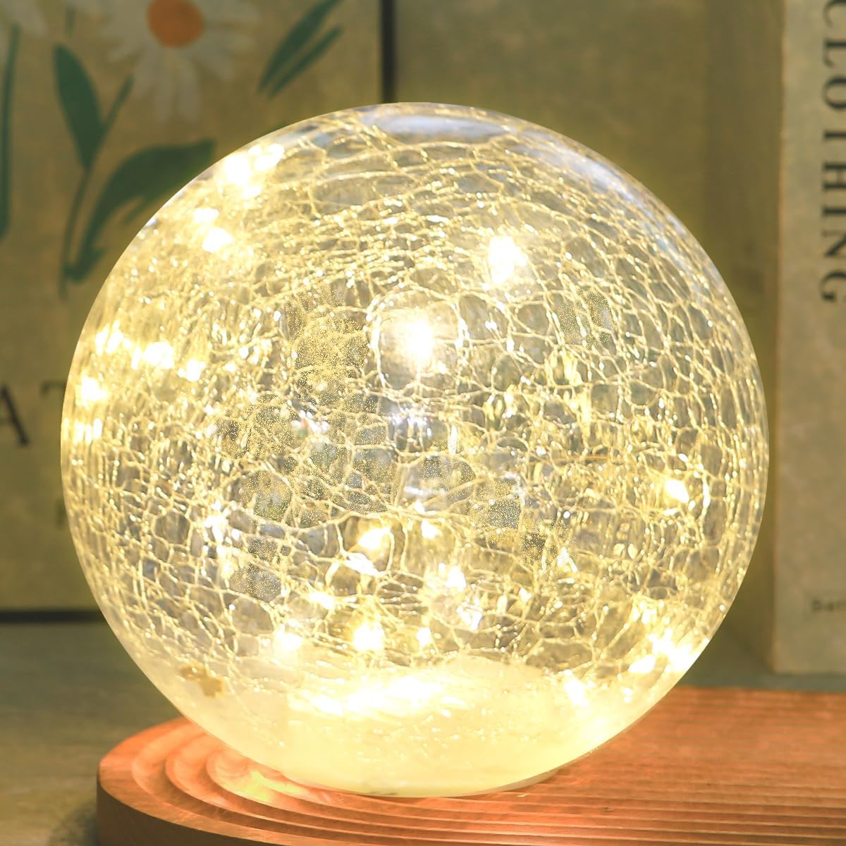 Crackle Globe LED Lamp Battery Operated with Timer, Lighted Glass Orb for Living Room & Festival Christmas Decoration, Indoor Glowing Night Light Sphere Table Lamp for Mother's Gift, Glass Ball Light 8 inch with Timer