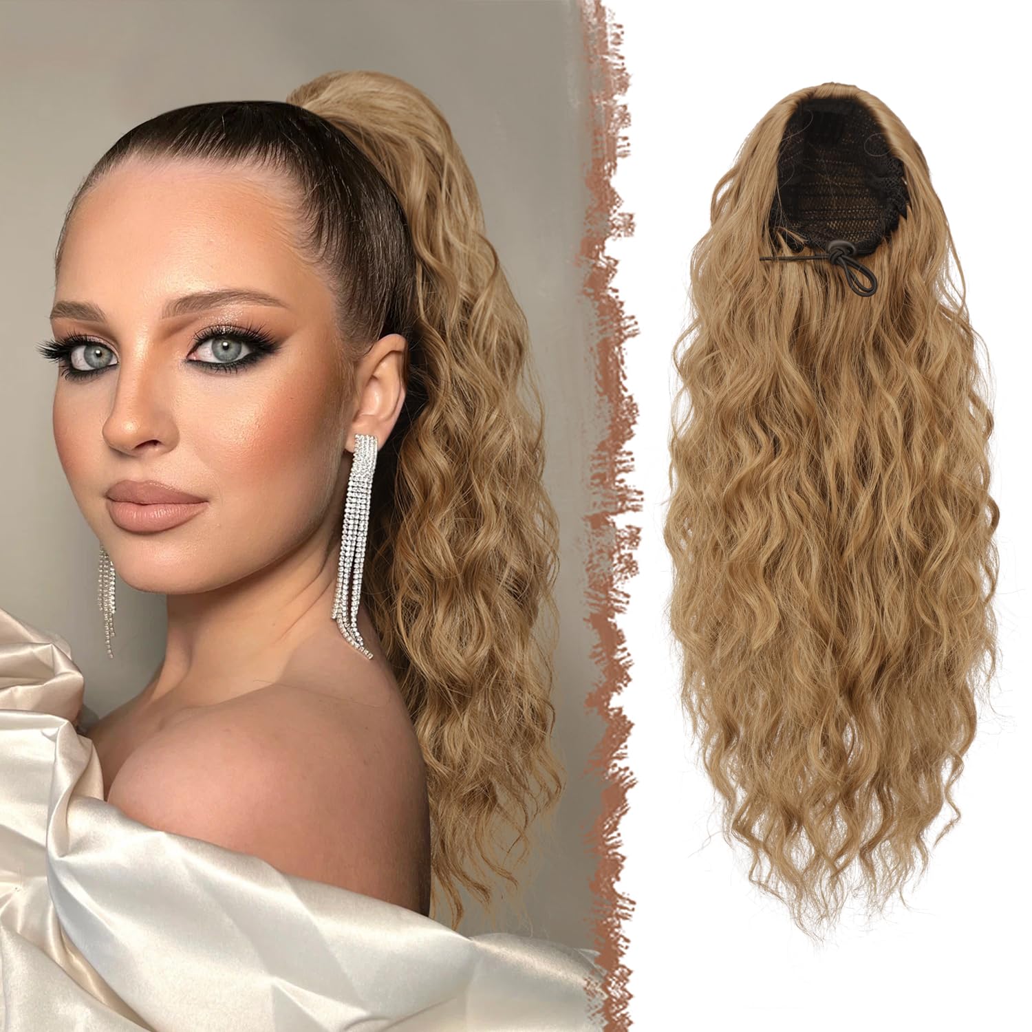 FESHFEN Ponytail Extensions, Long Curly Wavy Drawstring Ponytails Fluffy Clip in Pony Tail Hair Piece Synthetic Hairpieces for Women, 18 inch Light Brown Mix Natural Blonde