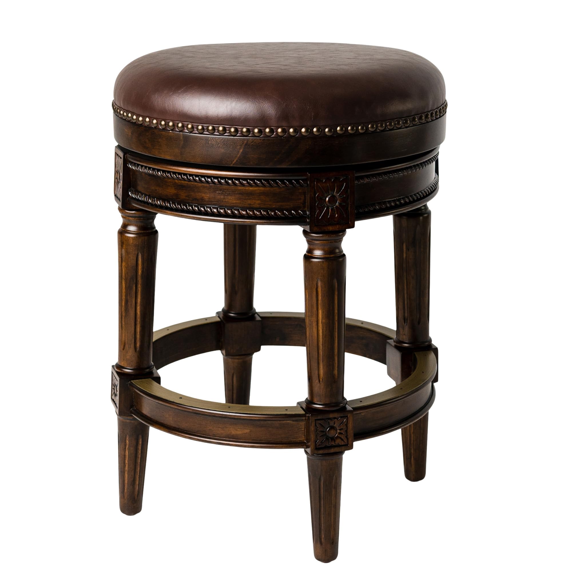 Maven Lane Pullman 26 Inch Tall Counter Height Upholstered Backless Barstool in Dark Walnut Finish with Vintage Brown Vegan Leather Cushion Seat