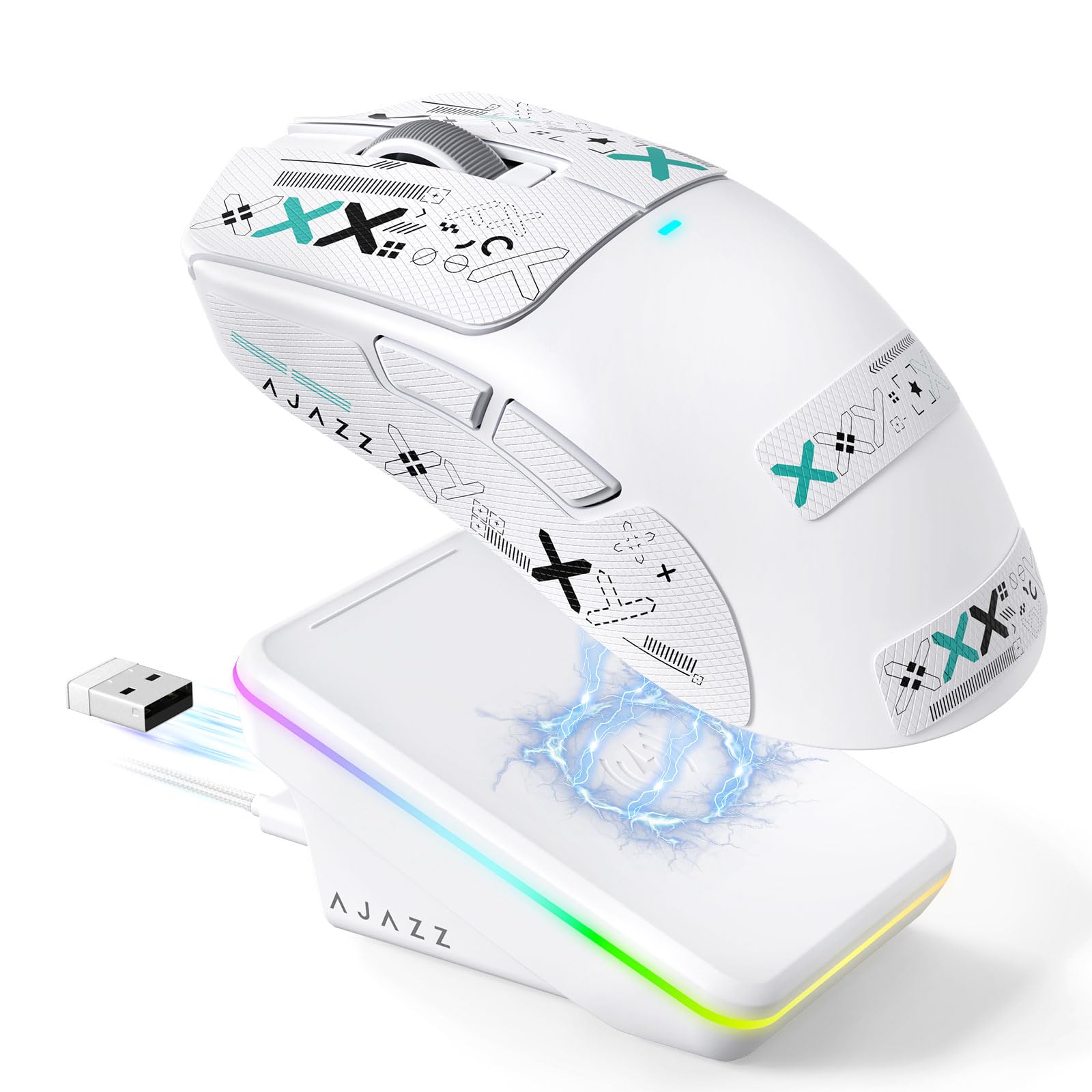 A.JAZZ AJ200P Ratón Gaming Inalámbrico con IA Prompt y Base de Carga RGB | BT/2,4G/Cable, Ligero Ratón con Entrada de Voz IA, Sensor PAW3311, 24K DPI, 1000Hz para Oficina/Juego - Cinta Grip / Blanco