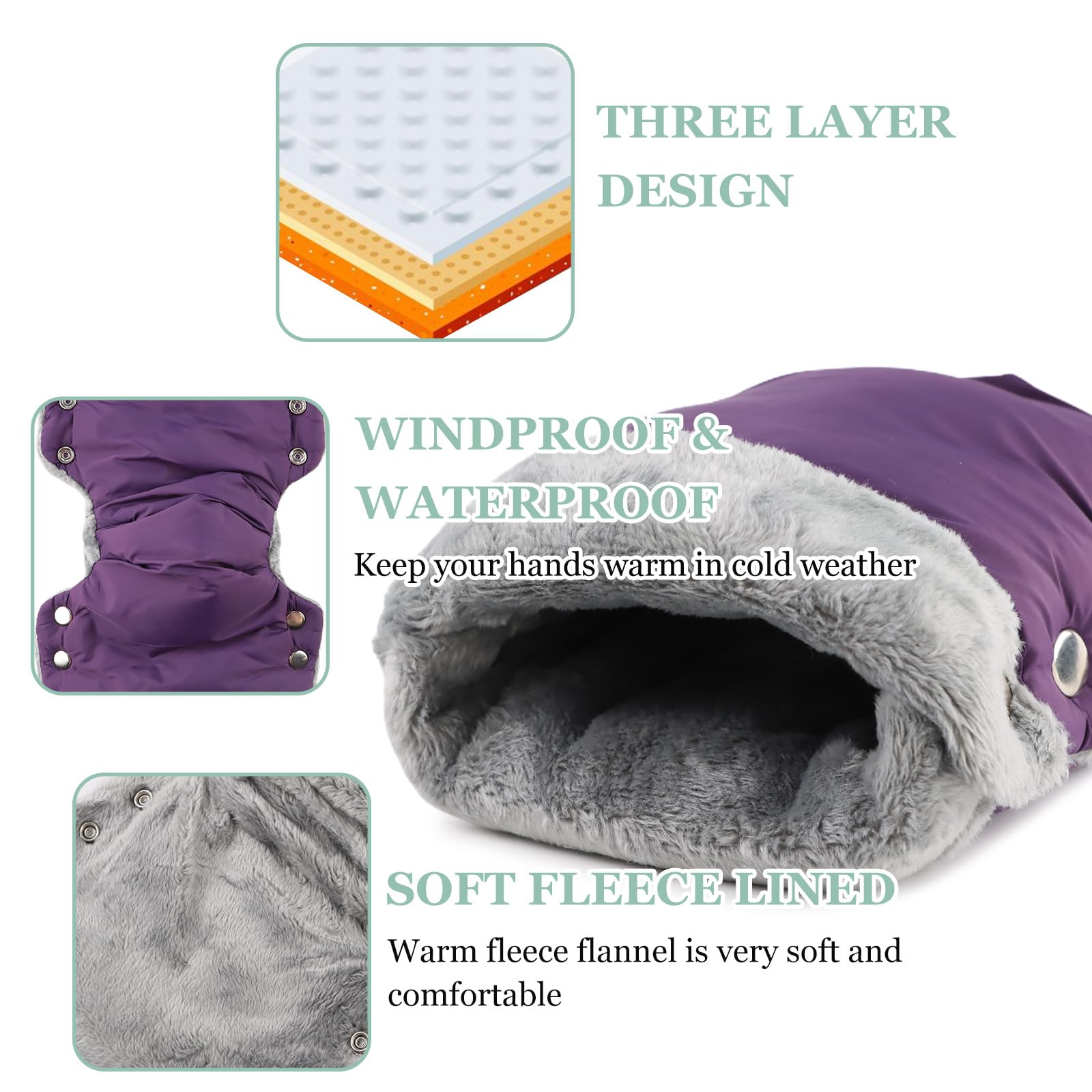 Stroller Hand Muff Windproof Anti-Freeze Pram Hand Warmer Warm Baby Stroller Gloves Pushchair Mittens (Purple) - Image 3