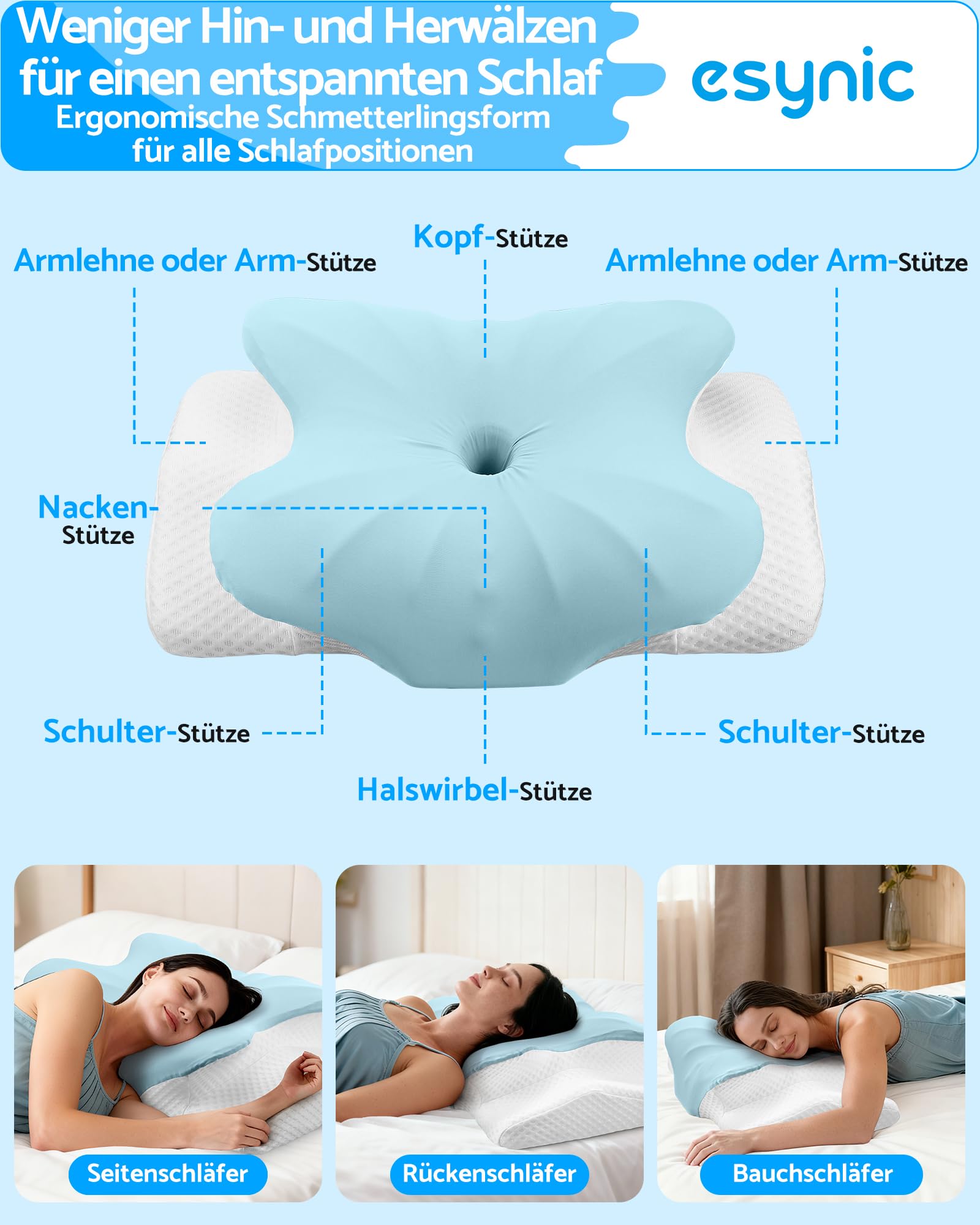 eSynic Nackenkissen Memory Foam Kissen Nackenhörnchen Ergonomisches Kopfkissen Nackenstützkisse Pillow Kissen mit Waschbarem Cooling Ice Silk Bezug für Seiten Rücken & Bauchschläfer