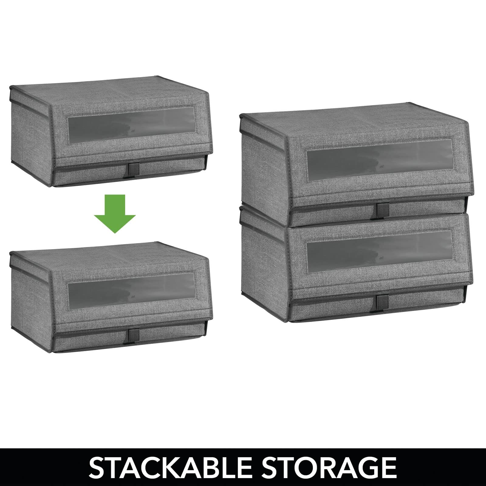 mDesign 4er-Set Schuhaufbewahrung aus Stoff – stapelbare Schuhbox mit Sichtfenster, Klettverschluss und Klappdeckel – Aufbewahrungsbox für den Schrank oder das Regal – dunkelgrau