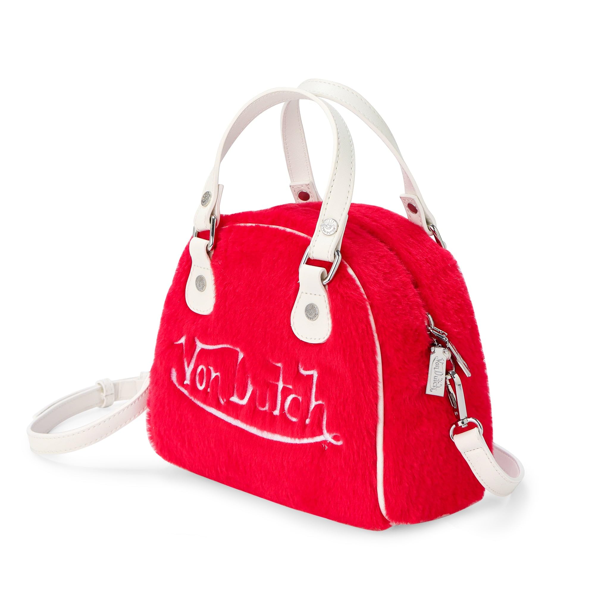 Von Dutch Womens Furry Bowling Bag Purse - Stylish Women's Handbag with Adjustable Strap, Spacious Interior, and Iconic Logo Design (Red Furry)