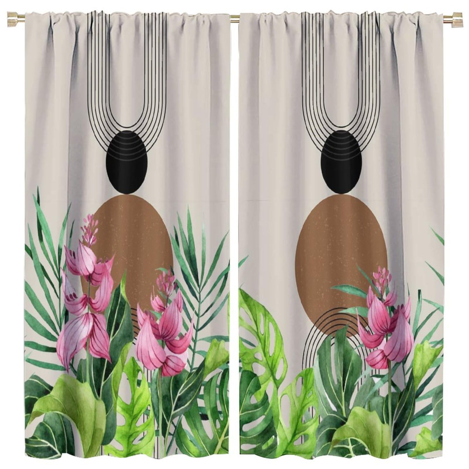 BenYaSong Boho Mid Century Blackout Curtains - Abstract Modern Mountain Sunrise with Leaves for Home Kitchen Restaurant Decoration Window Drapes 2 Panels W42xL45 Inch