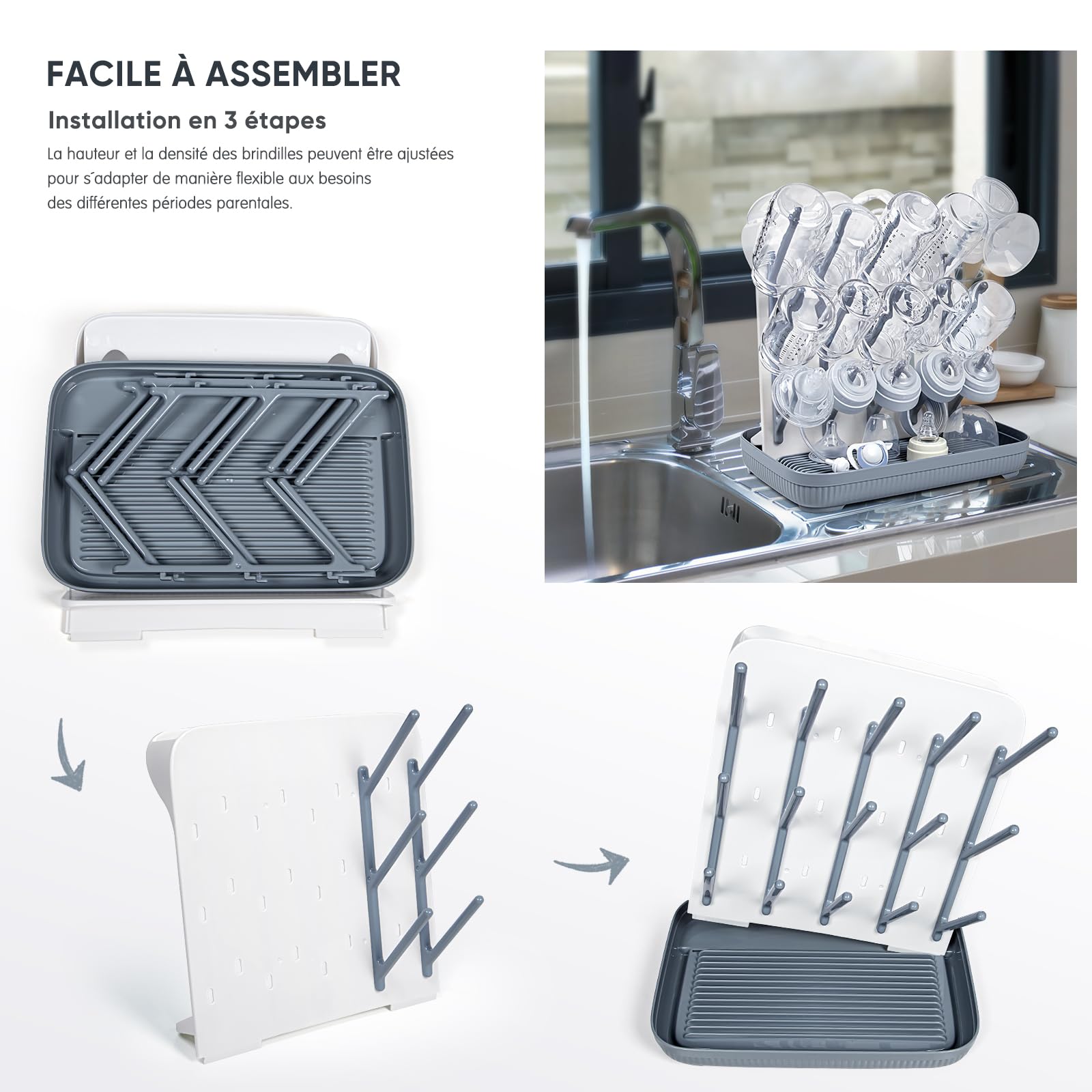 Support De Séchage pour Biberons : Grand Support Vertical pour Le Séchage des Biberons - Support De Séchage Vertical Peu Encombrant pour Le Nettoyage des Biberons Et des Pièces De Pompe (Gris)