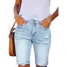 LONGYIDA 2025 Denim Bermuda Shorts for Women Stretch Distressed Cuffed Hem Jeans Short with Pockets