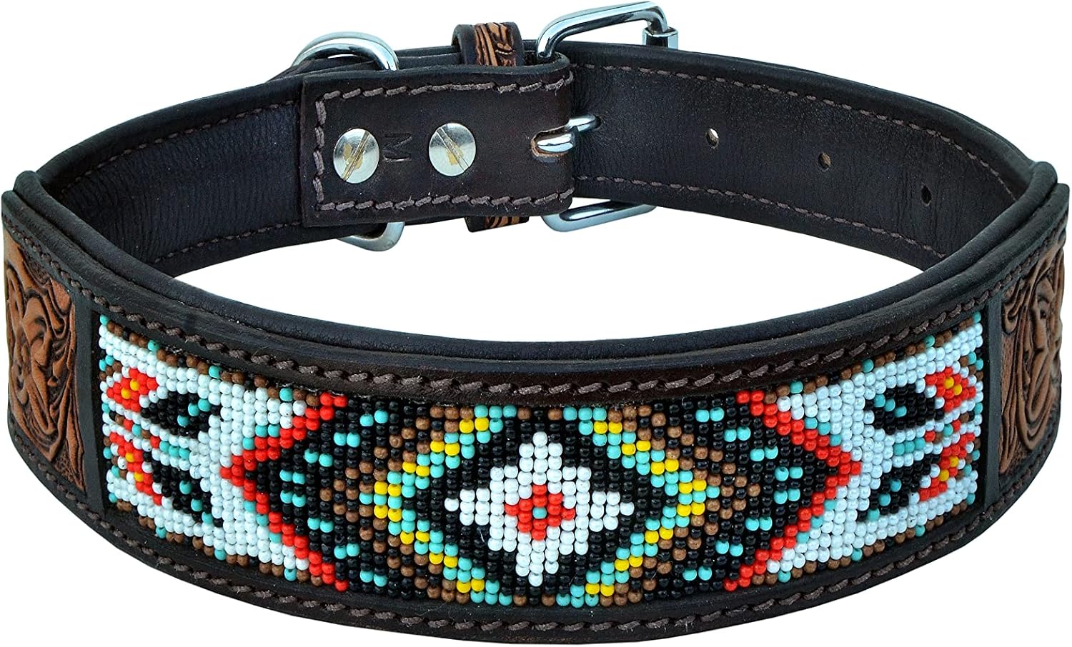 AFFILARE Beaded Leather Dog Collar Western Dog Collar Heavy Duty Tooled Adjustable and Padded 10AB003-L