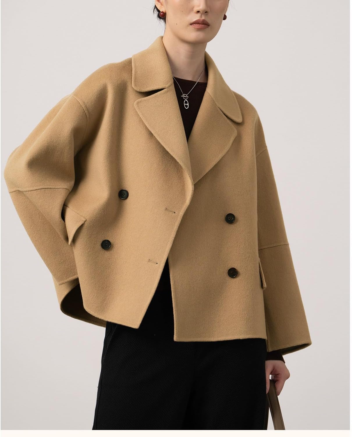 utcoco Women Cropped Wool Pea Coats Notched Lapel Double Breasted Crop Woolen Trench Coat Short Jackets with Pockets - Image 5