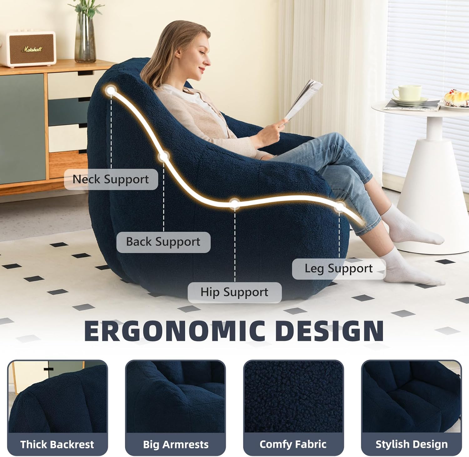 Bean Bag Chair, Big Beanbag Chair, Large Bean Bag Chairs with Filler, Beanbag Chairs with Filling for Living Room (Teddy Fabric in Dark Blue, 33.9" D×37.4" W×32.3" H)