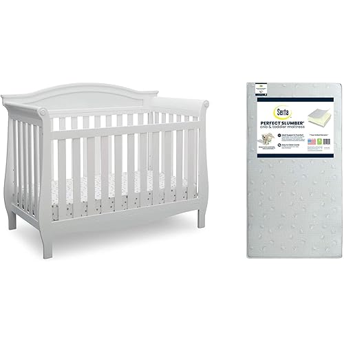 Delta Children Lancaster 4-in-1 Convertible Baby Crib, Bianca White + Serta Perfect Slumber Dual Sided Recycled Fiber Core Crib and Toddler Mattress (Bundle)