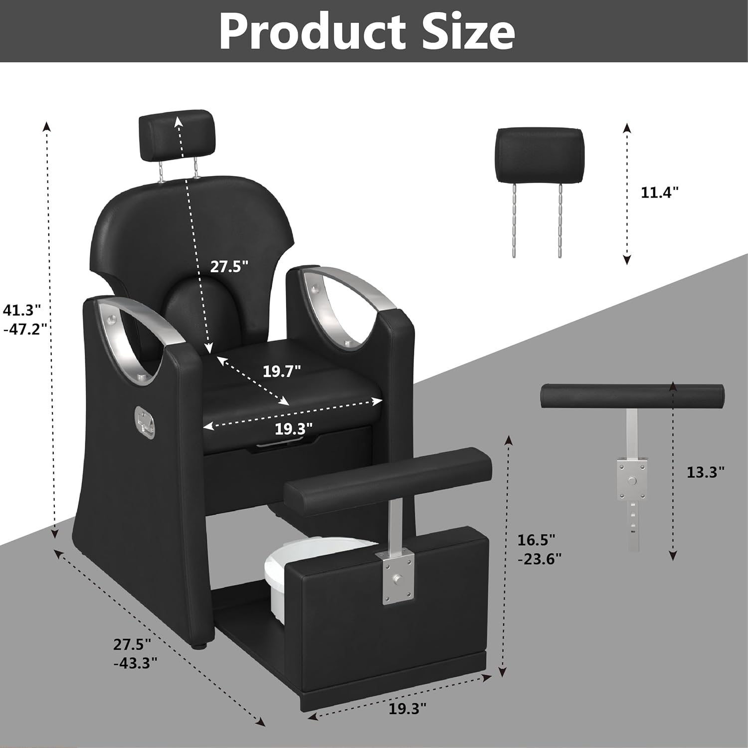 Reclining Pedicure Station for Nail Tech, Adjustable No Plumbing Pedicure Chair with Massage Foot Bath Basin,Adjustable Headrest and Backrest for Salon,Spa (Black, Silver Frame)