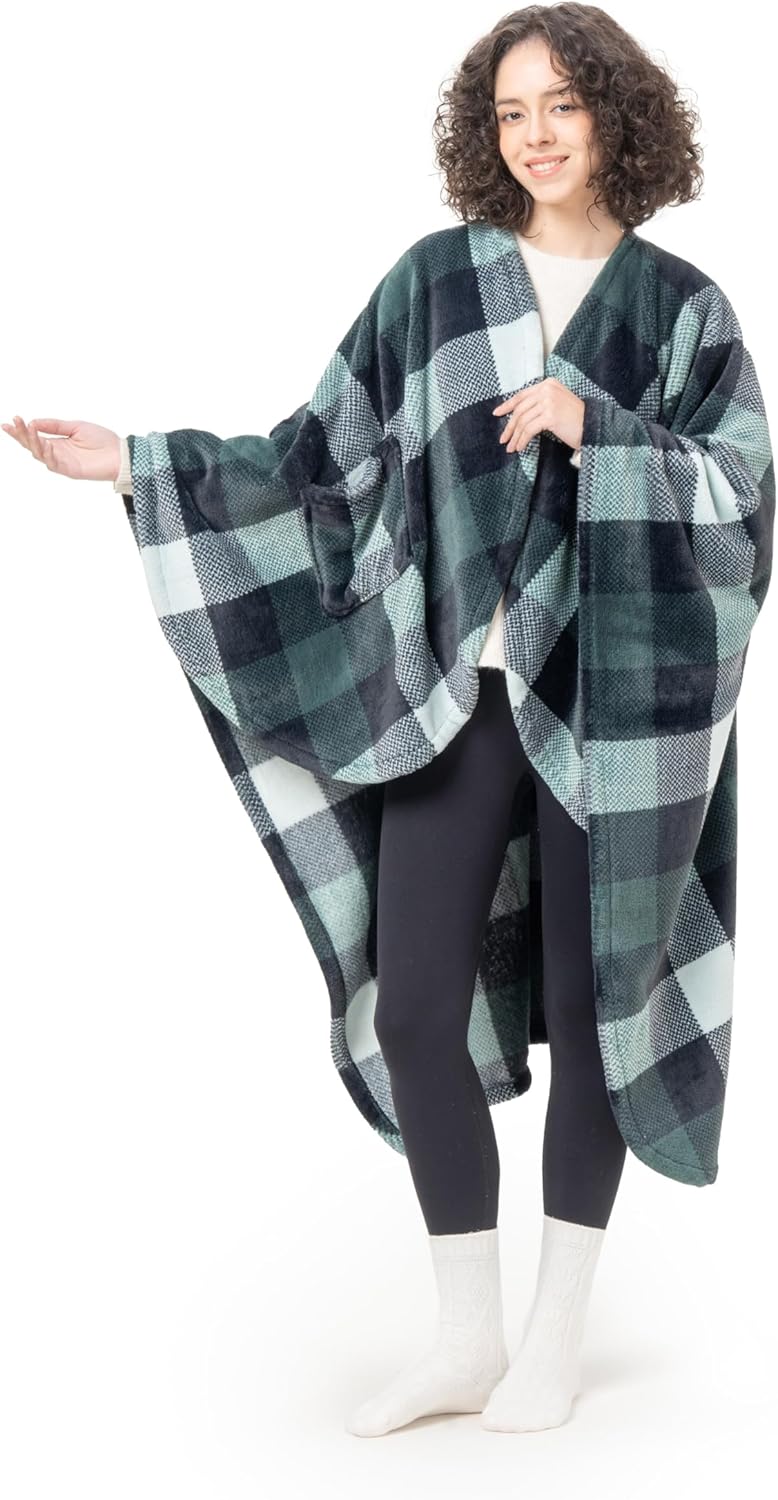 Berkshire Blanket PrimaLushTM Double-Sided Wearable Blanket with Pockets  Ultra Soft Fleece Shawl Wrap for Adults & Teens (One Size, 58" x 64")