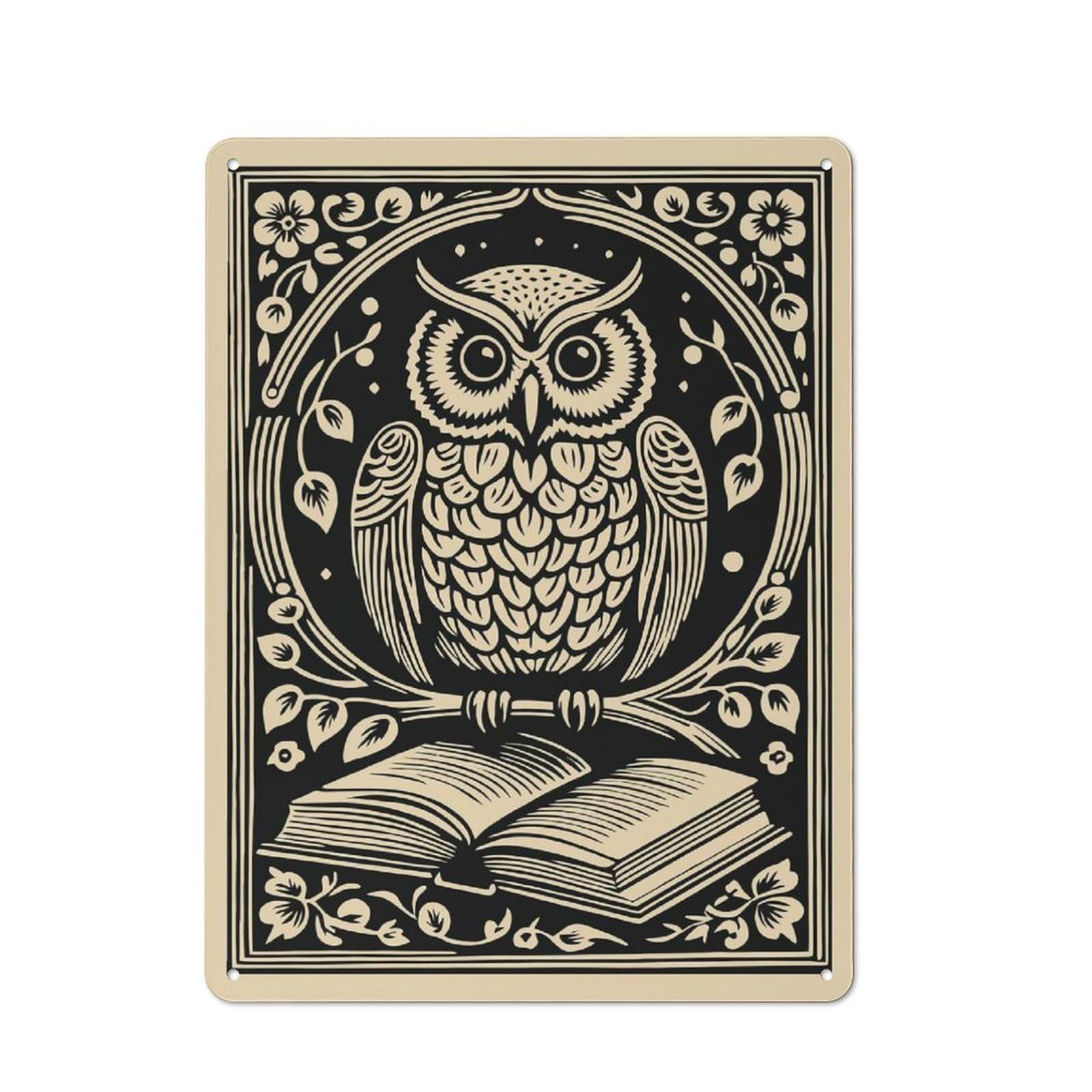 Junmoney Style-17 Metal Sign 40X30cm With Owl On A Book For Pub Or Café, Vintage Decor, For Metal Sign Collectors, For Garage And Workshop Walls