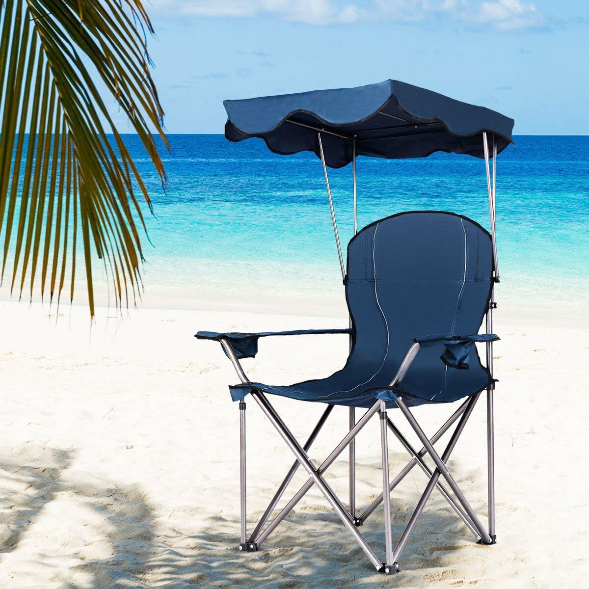 COSTWAY Portable Camping Chair with Canopy, Outdoor Lawn Chair with Shade, Carry Bag, Cup Holder, for Travel, Picnic, Beach (Blue)