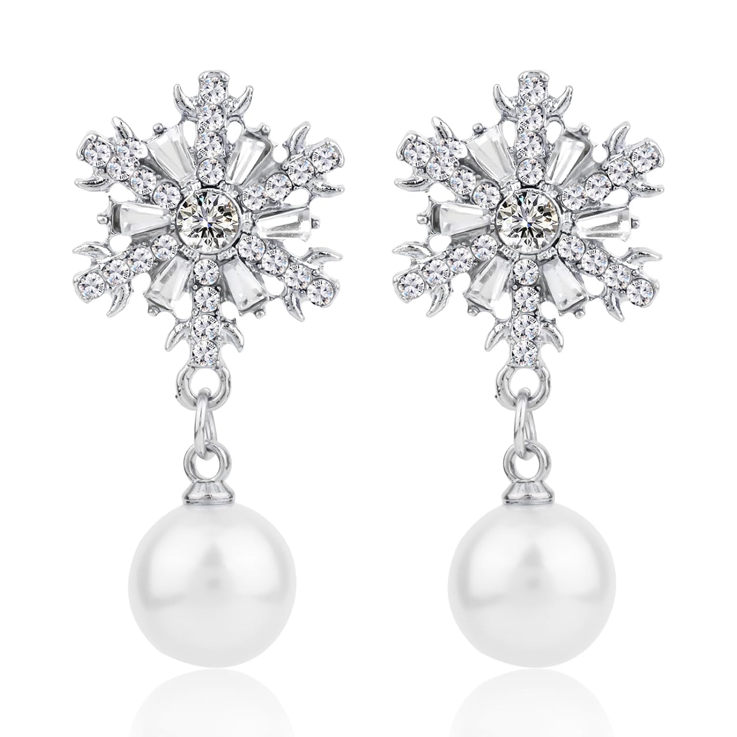 Pearl Snowflake Earrings, Silver Rhinestone Snowflake Dangle Earrings Winter Snowflake Drop Earrings Christmas Jewelry Xmas Gifts for Women, Medium, Copper, No Gemstone