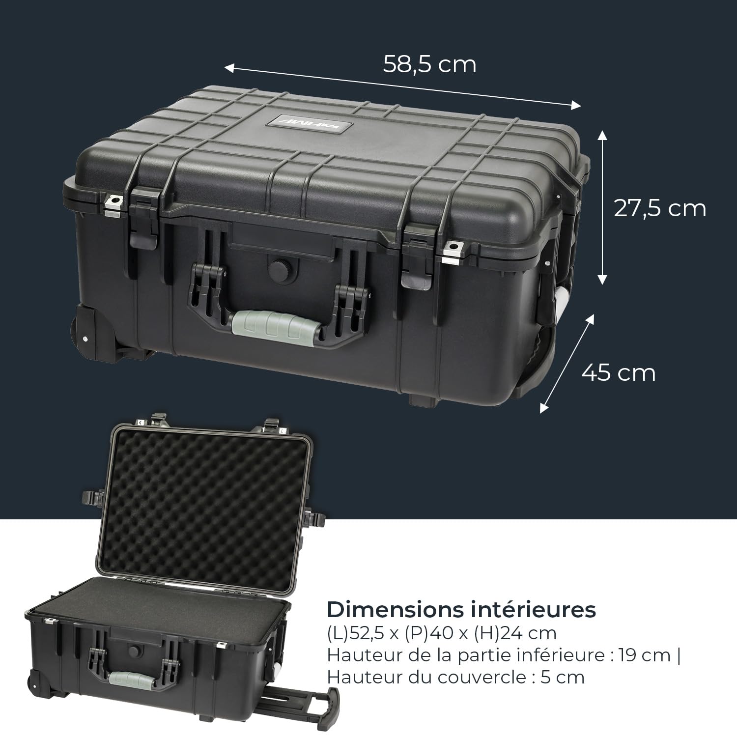 HMF ODK400 Valise à roulettes d'extérieur avec mousse prédécoupée, Noir , 58.5 x 45 x 27.5 cm, Valise
