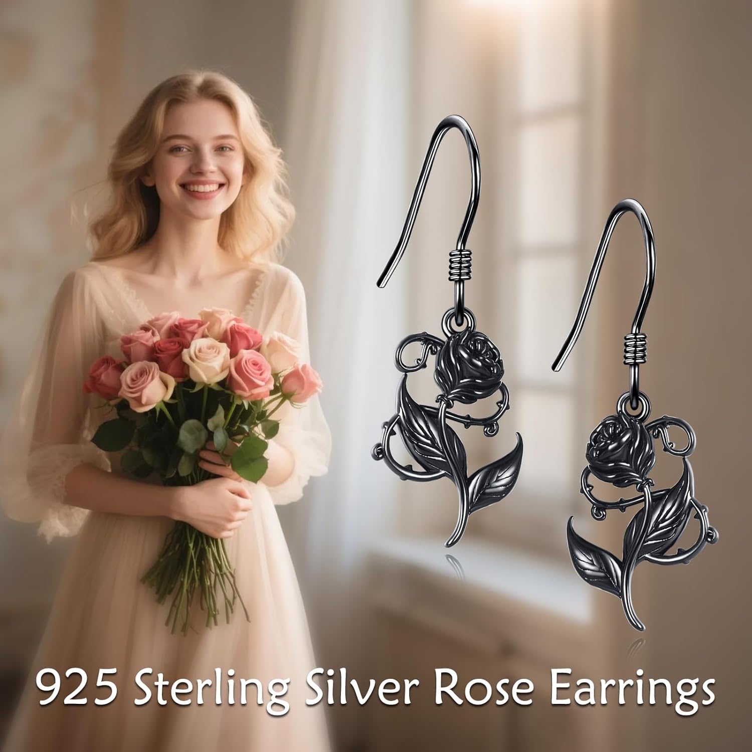 YFN Rose Earrings Sterling Silver Black Rose Dangle Earrings Vintage Flower Drop Earrings Gothic Jewelry for Women Promise Gifts for Wife Mom