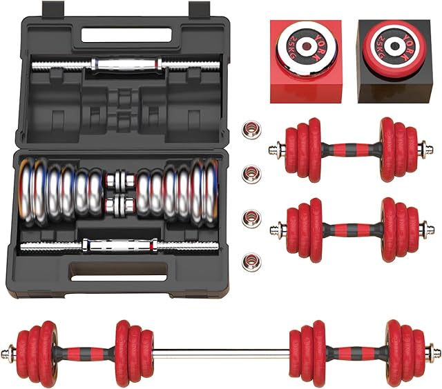 HAKENO Adjustable Weights Dumbbells Barbell Set Anti-Slip Metal Handle 3-in-1 Cast Iron Free Weights Dumbbells Set with Connecting Rod for HomeBody Workout Fitness