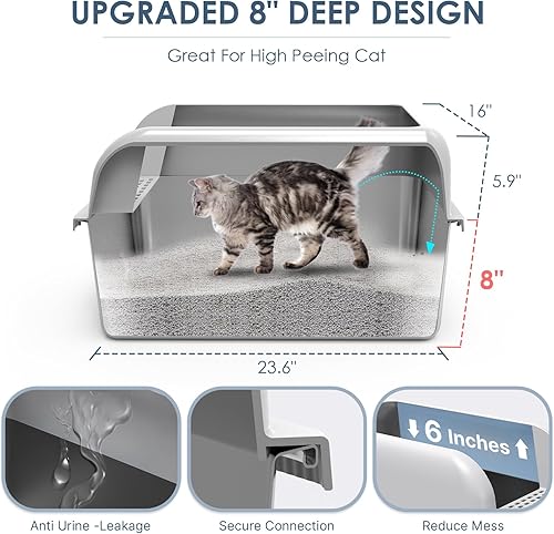 Miniatura 3 de Suzzipaws Caja de arena para gatos de acero inoxidable de 8 pulgadas de profundidad con tapa, caja de arena extra grande para gatos grandes, bandeja