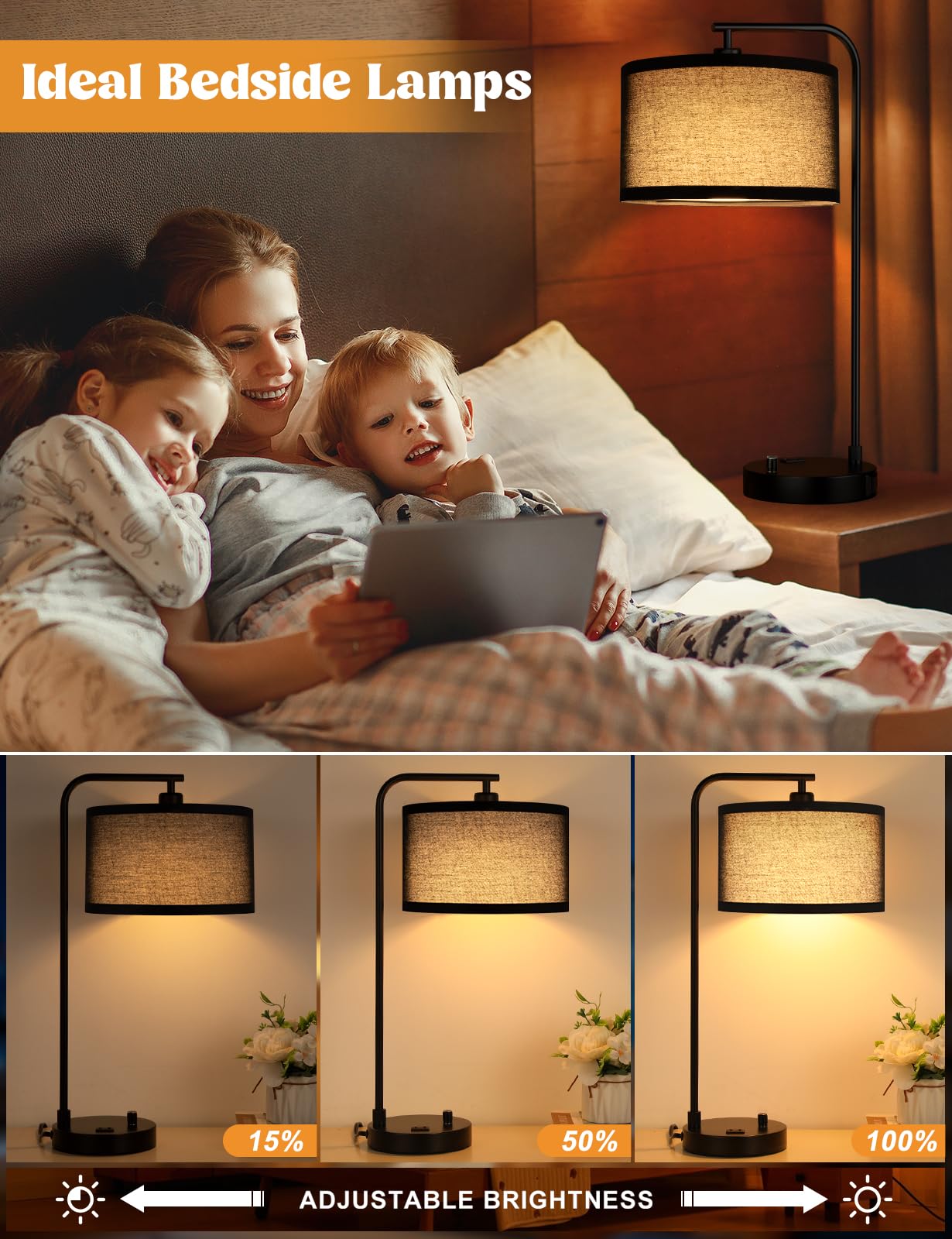 Innqoo Lámpara de mesa alta negra con puerto USB y tomacorriente, lámparas de noche regulables con pantalla de lino, lámpara de escritorio para dormitorio, sala de estar, habitación de invitados