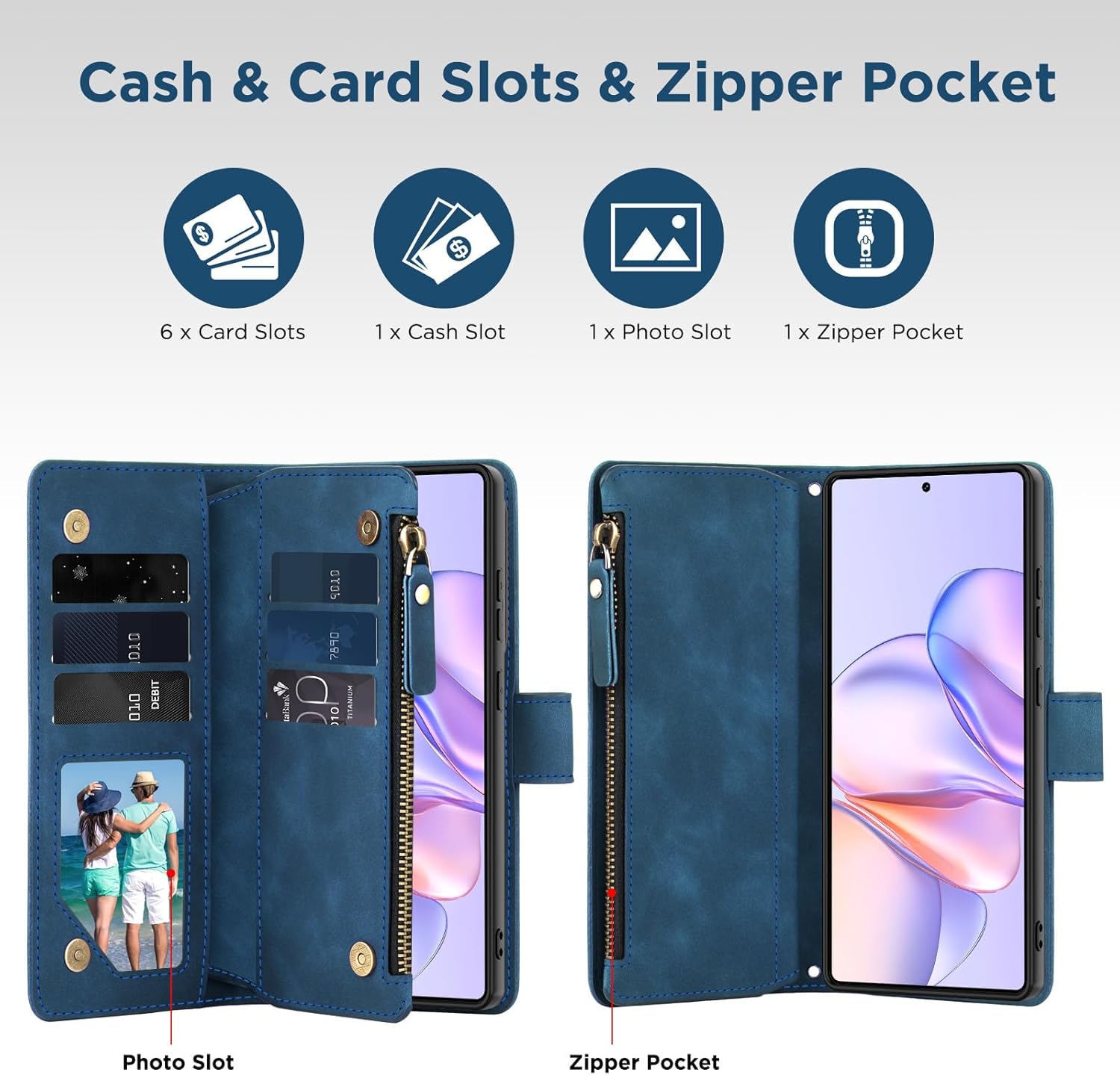 for Samsung Galaxy S26-Wallet Case: with RFID Blocking Card Slots (6 Cards) | Soft PU Leather Magnetic Snap Zipper Pocket | Crossbody Wrist Strap Protective Phone Cover - Blue