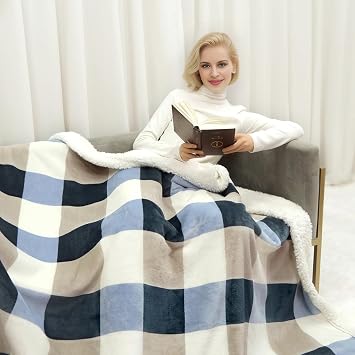 Gracelife Sherpa Fleece Throw Blanket for Couch, Fluffy Plush Warm Fuzzy Blanket for Women and Men, Cozy Thick Soft Twin Blanket for Bed, Gray-Soft Blue, 60x80 Inches