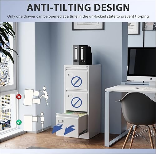 Miniatura 4 de Archivador de 3 cajones, archivadores para oficina en casa, gabinete de almacenamiento vertical de metal con cerradura, archivador de bloqueo