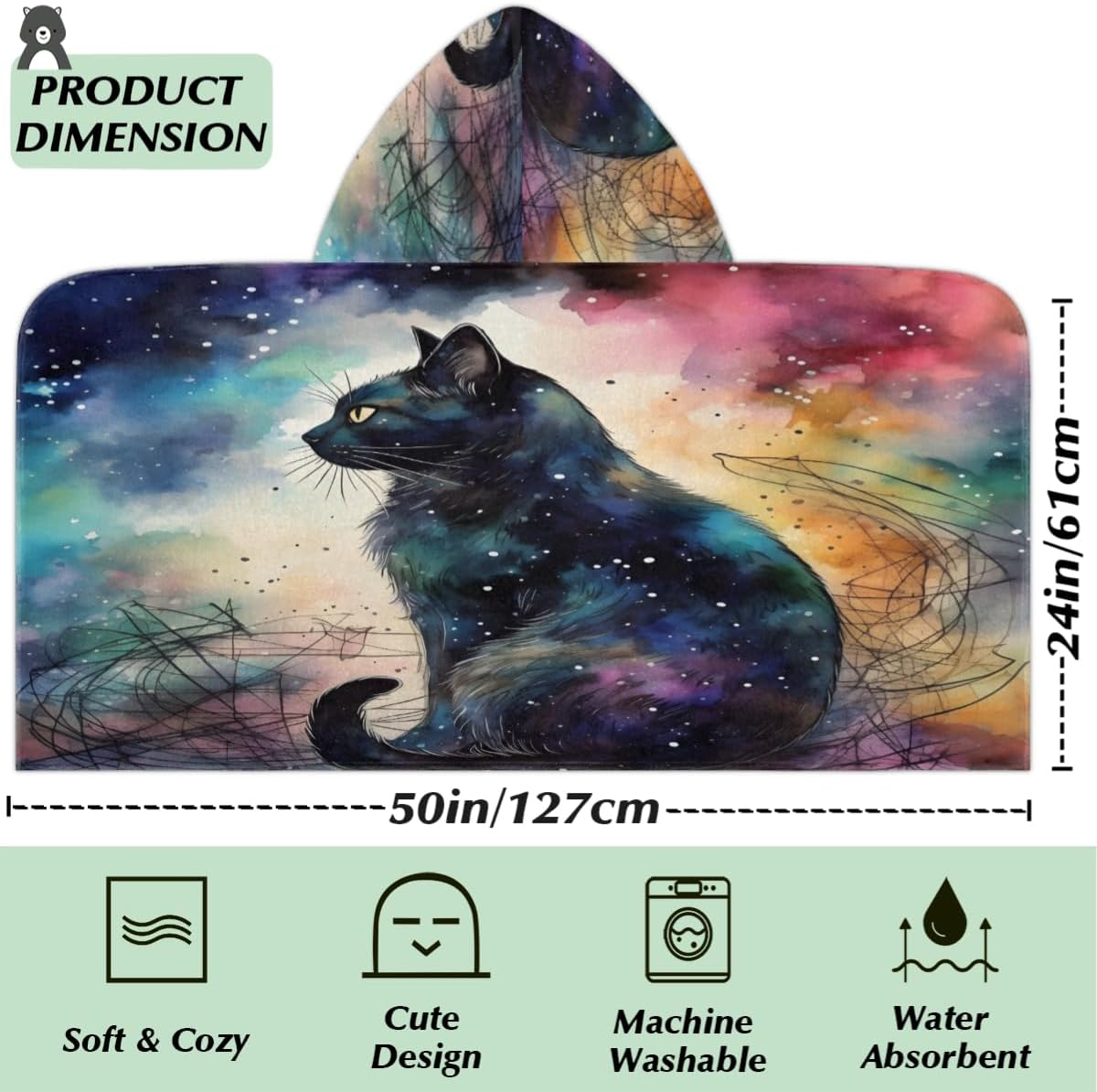 Pardick Kids Bath Towel Galaxy Aniaml Cat Beach Towel with Hood Pool Cover Up for Girls Boys Soft Absorbent Hooded Bath Towel Toddler Towels for Beach, Pool
