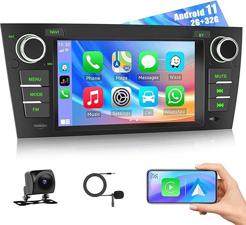 CarPlay Android Auto inalámbrico para 2005-2011 BMW Serie 3 (E90E91E92E93) Radio 2+32GB Android 11 Radio estéreo para coche con cámara de respaldo 7