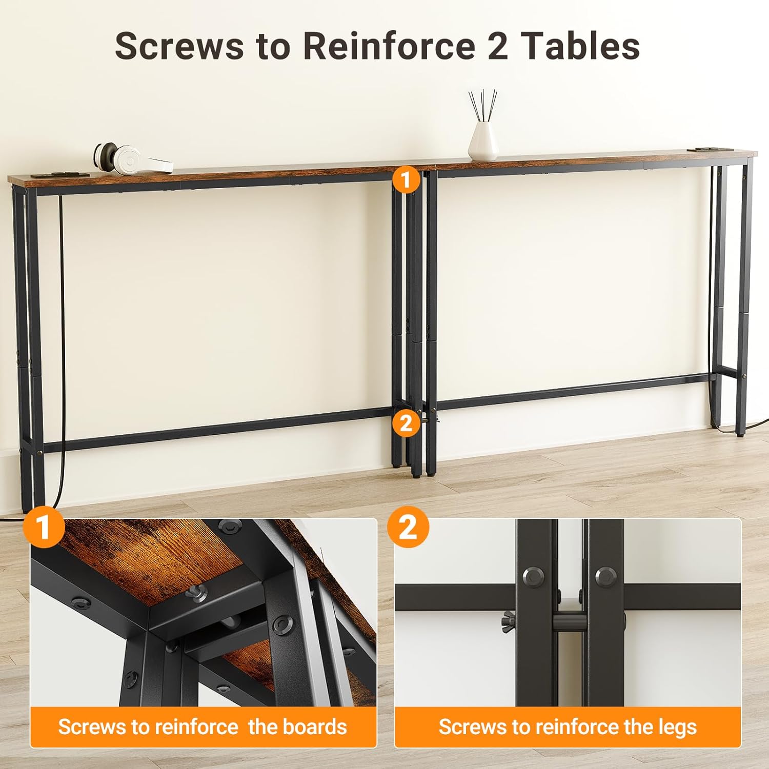 ELYKEN 94.5" Narrow Console Sofa Table with Power Outlet, 5.9'' Behind Couch Table with Charging Station, Long Entryway Tables for Living Room, Hallway, Rustic Brown