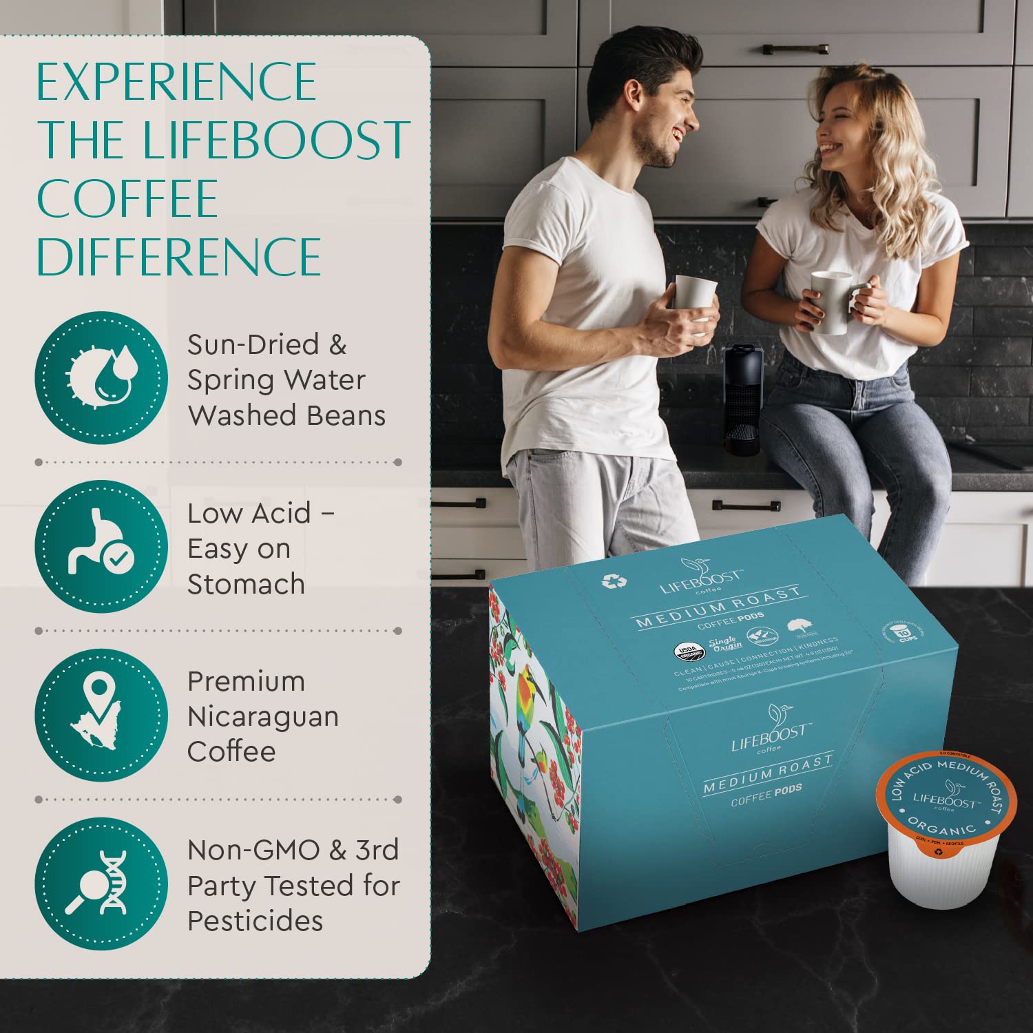 Lifeboost Medium Roast Low Acid Coffee K Cups - Single Origin Mold Free Non-GMO Organic Coffee Pods - Compatible with Keurig & Keurig 2 Machines - 10 Count - Image 2