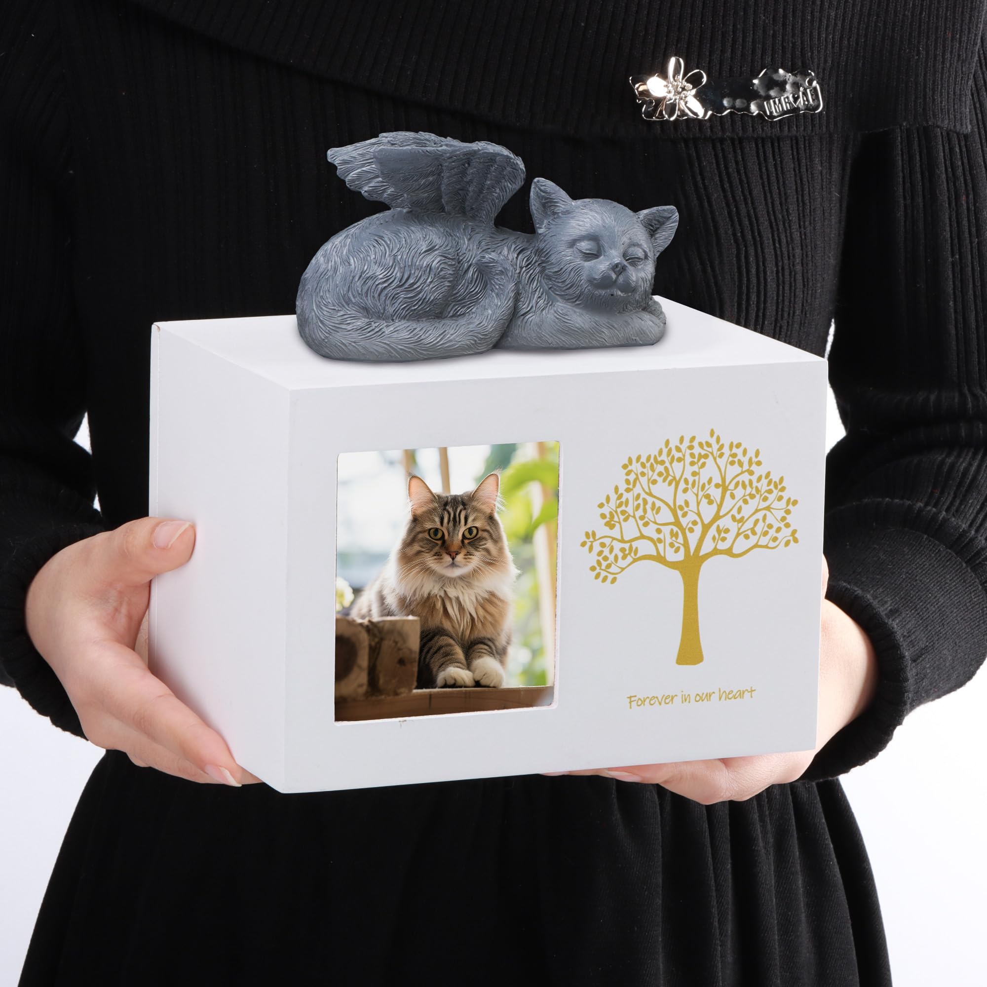 Urna per ceneri di gatto, urna in legno bianco per ceneri di gatto, scatola dei ricordi per gatti, con statua in resina e sacchetto per ceneri