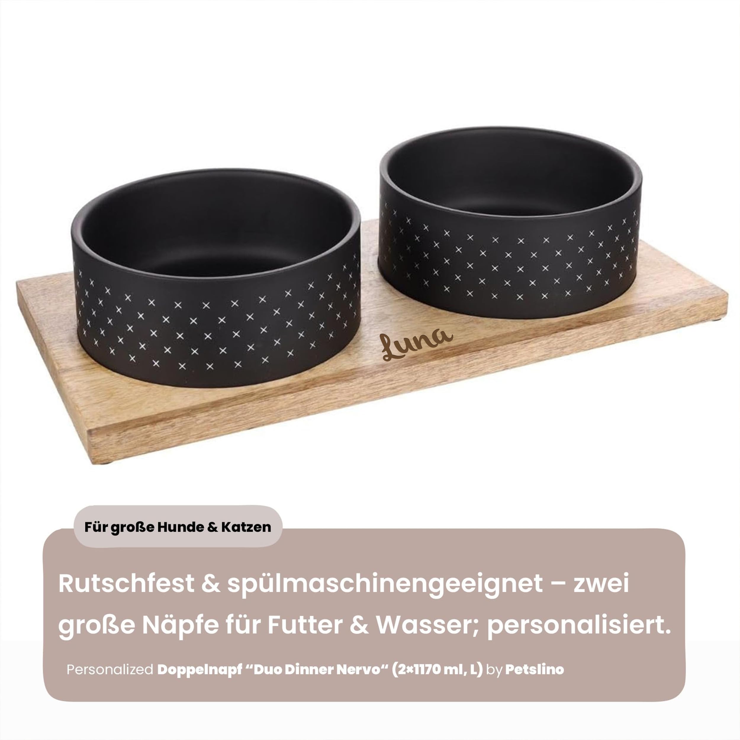 Futterstation mit Namen Nervo 1170ml – Futternapf personalisiert für Hunde & Katzen – rutschfest, leicht & hygienisch Hunde Zubehör – Zwei Keramik Hundenäpfe
