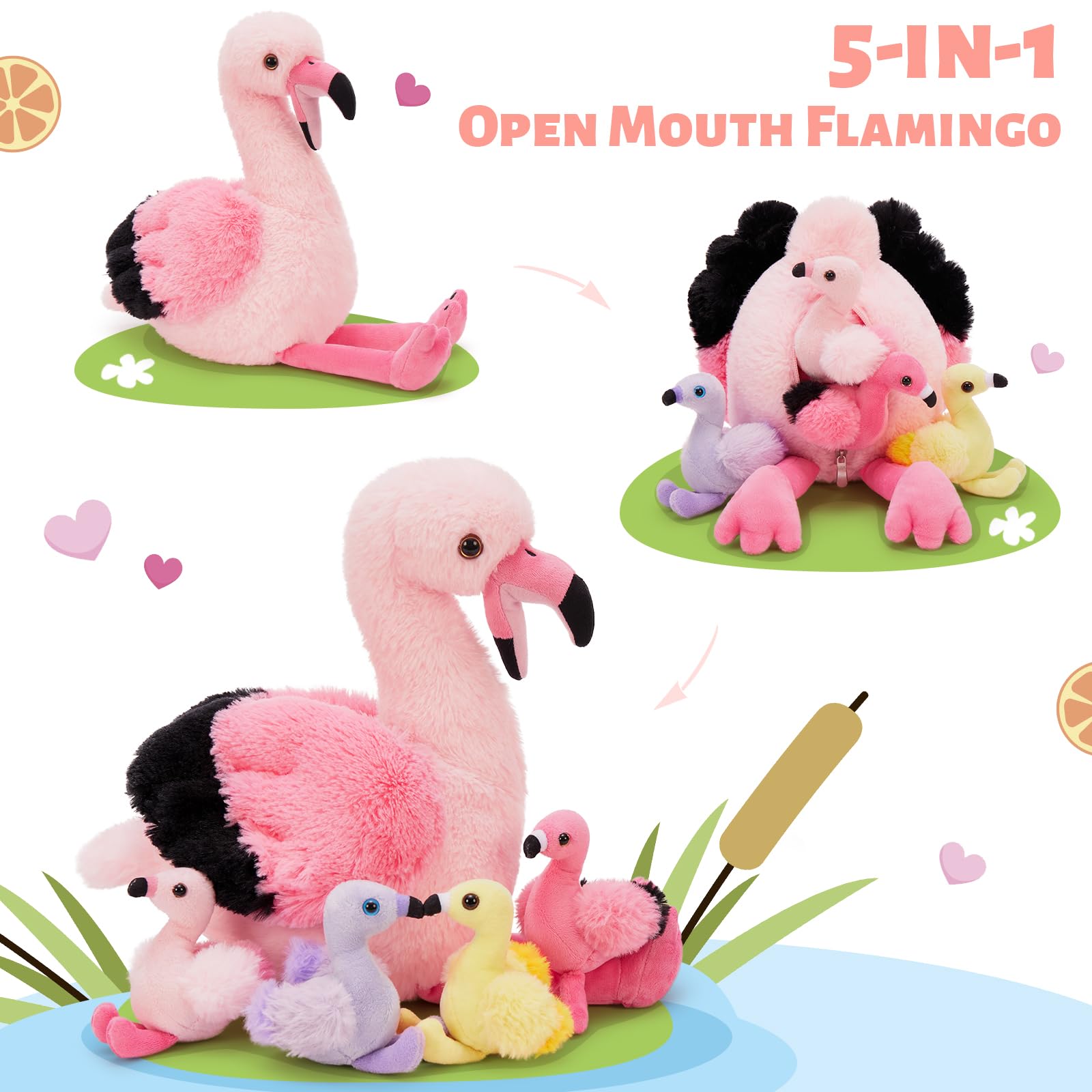 MorisMos 5 stücke Flamingo Kuscheltier XXL Set, 45cm hoch riesen Flamingo Kuscheltier mit Babys im Bauch, weich Plüschtier Stofftier Geburtstag Geschenk für Kinder Baby
