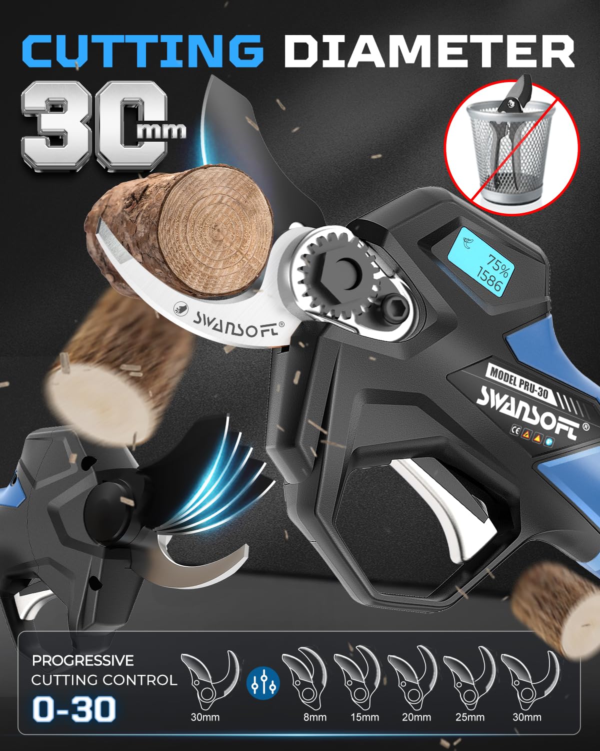 【2025 Podado Pro De Viñas】SWANSOFT PRU30 Tijeras de Podar Electricas, Profesionales 30mm 16,8V 850W 4+2Ah Tijera de Podar Podadora Electrica Bateria | Tijera Podar Electrica, Azul