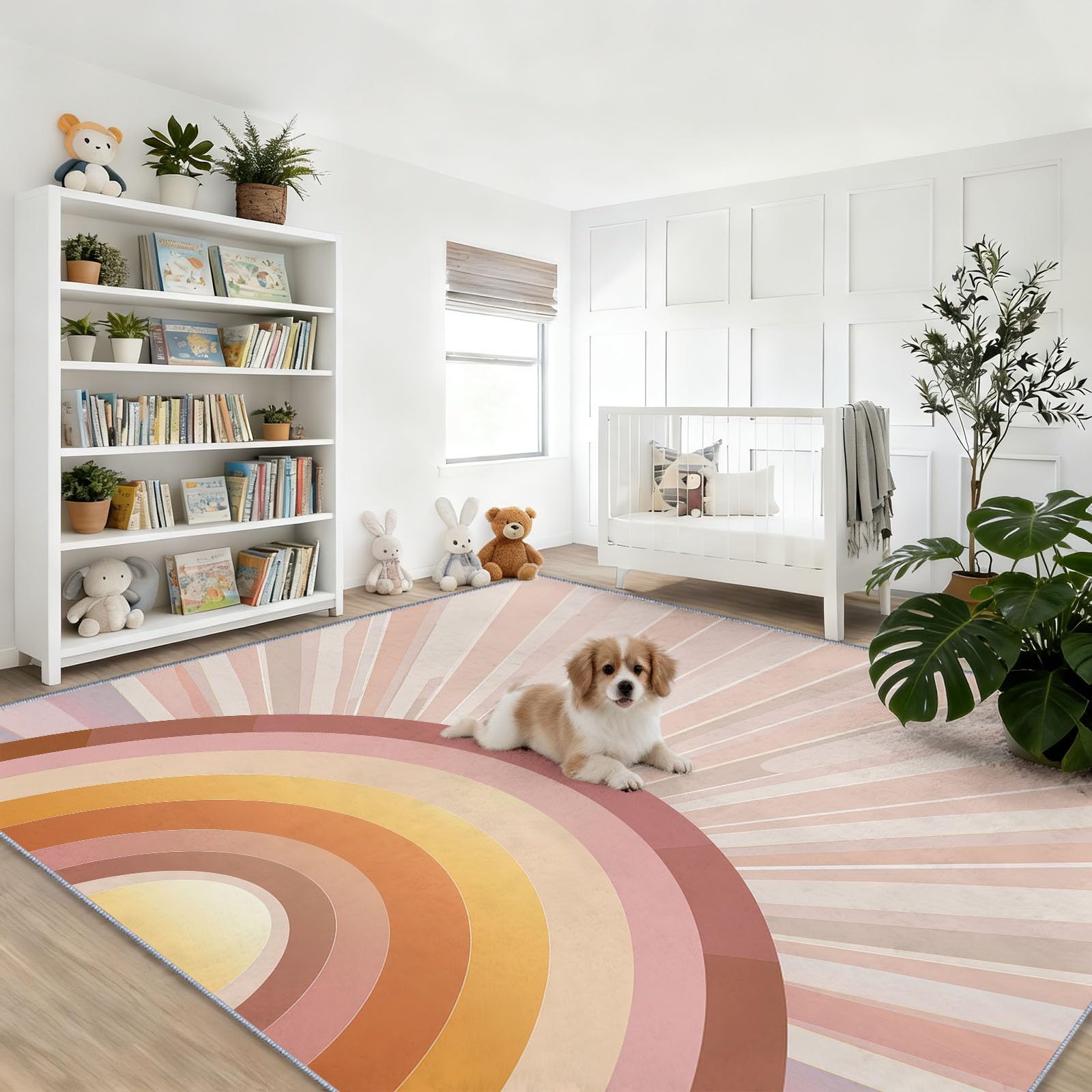 Facile d'entretien Tapis Salon Rétro Géométrique Lavable Machine, Coloré Soleil Arc en Ciel Dégradé Doux Poils Courts Tapis pour Chambre Salle à Manger, 160 x 230 cm