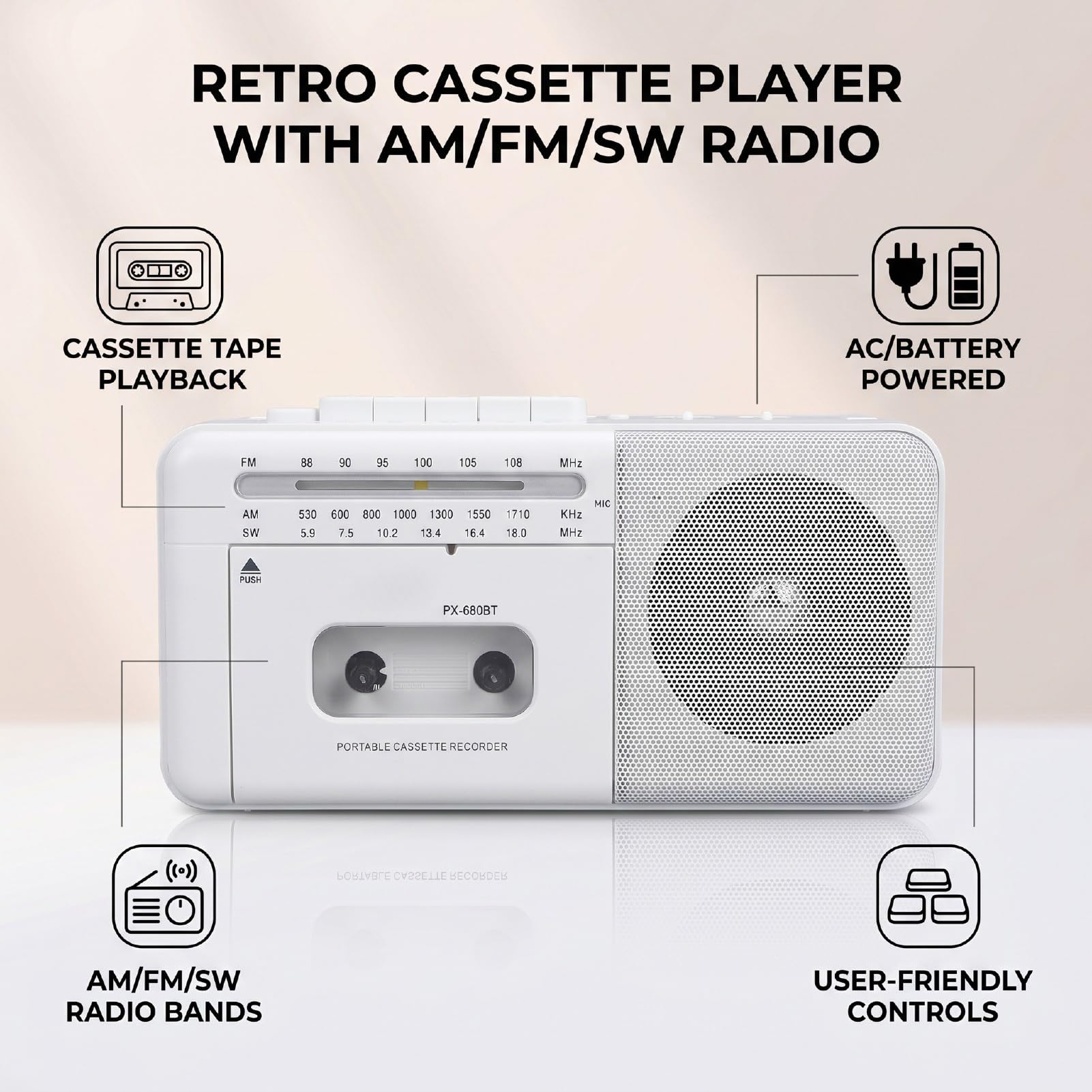 Tangxi Reproductor de Casete Portátil Radio Am FM SW con Función de Grabación Altavoz de 6 W Tarjeta SD USB Bluetooth para Regalos de Viaje en Casa Padres Personas Mayores
