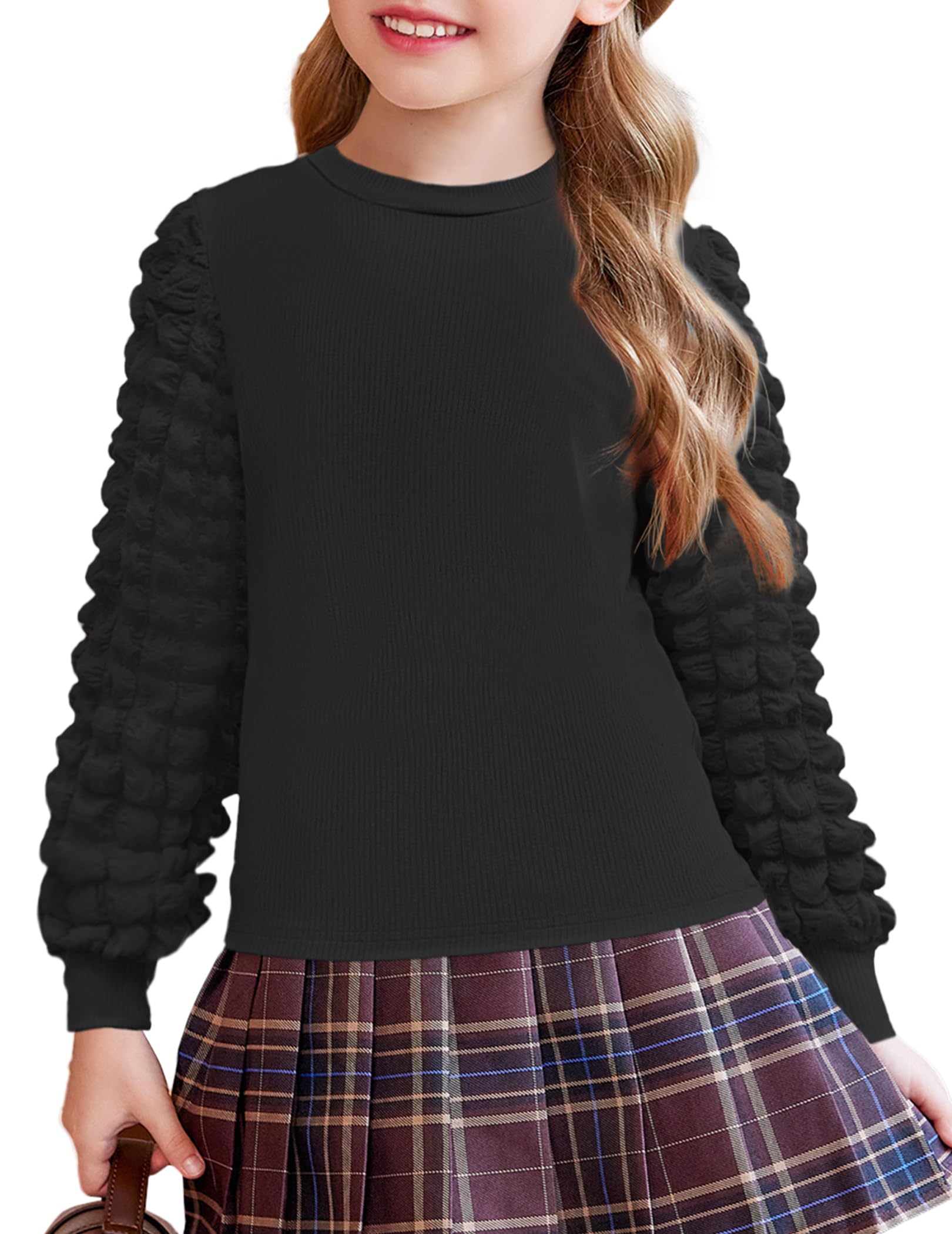 Arshiner Girls Puff Long Sleeve Shirts Ribbed Knit Cute Casual Crewneck Tops Blouse Tee