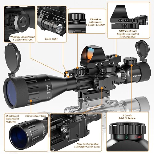 Vista 8 de 4-16x50AO Combo de alcance de rifle rojo/verde doble iluminado con láser verde 4 retículas holográficas punto rojo 5 modos linterna para montaje