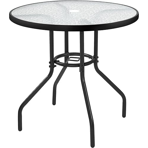 Yaheetech 31.5'' Patio Bistro Table Round Outdoor Coffee Table, Round Tempered Glass Top with 1.73'' Umbrella Hole, Bistro Table with Iron Frame for Balcony Backyard Lawn and Garden