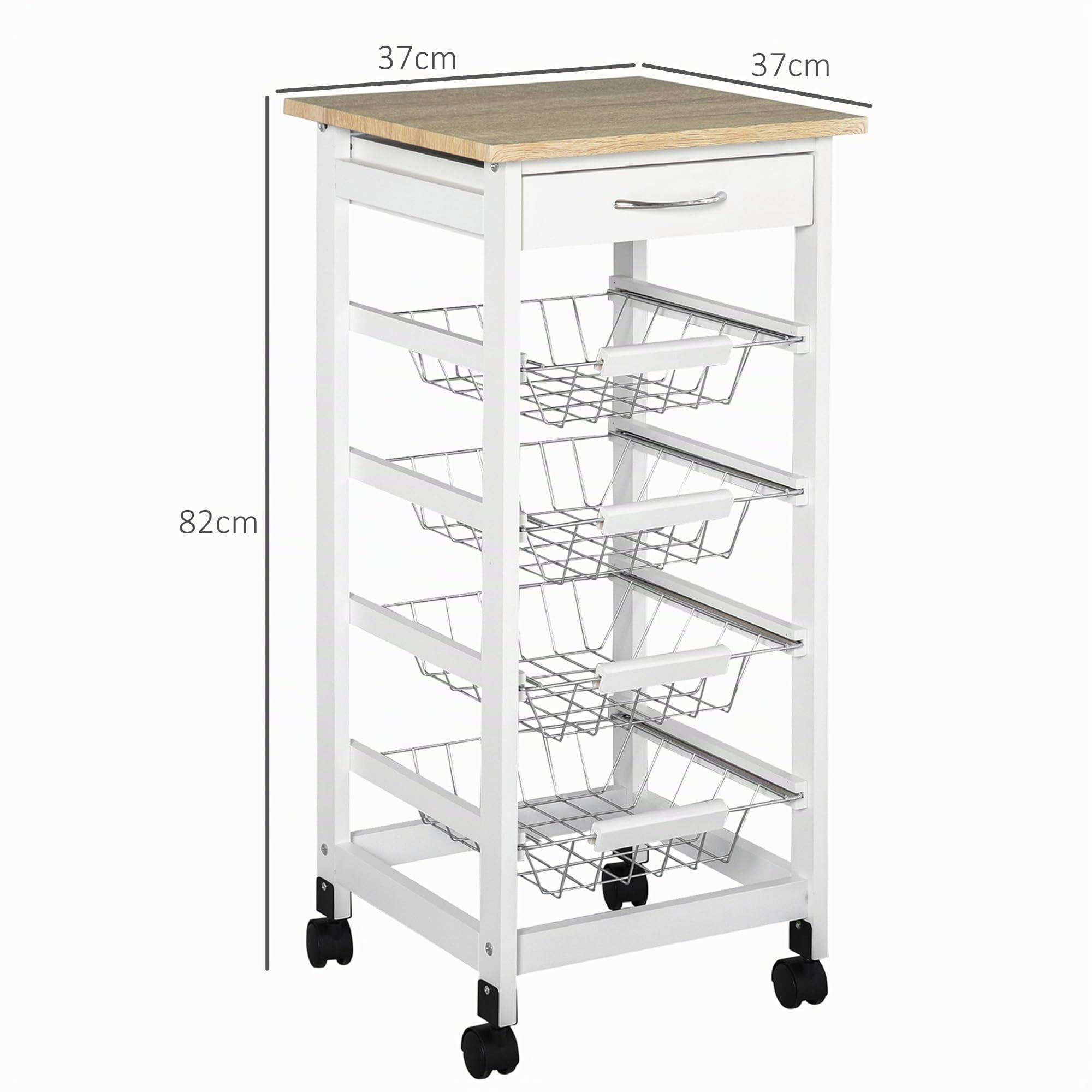 HOMCOM Desserte Cuisine à roulettes, 4 Paniers Métal + Tiroir, Blanc | Chariot de Cuisine, Chariot de Service, Rangement Légumes, Petit Espace, Salle de Bain, Bois de Pin