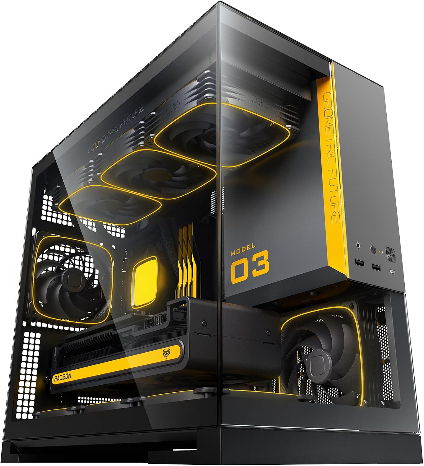 Geometric Future Model 3 Panoramic Tempered Glass Dual Chamber Micro-ATX Tower PC Case, 5 Pre-Installed 120mm x 30mm PWM ARGB Fans, USB Type-C, 360mm Radiator Support, Black/Gray, GEO-M3F-BG