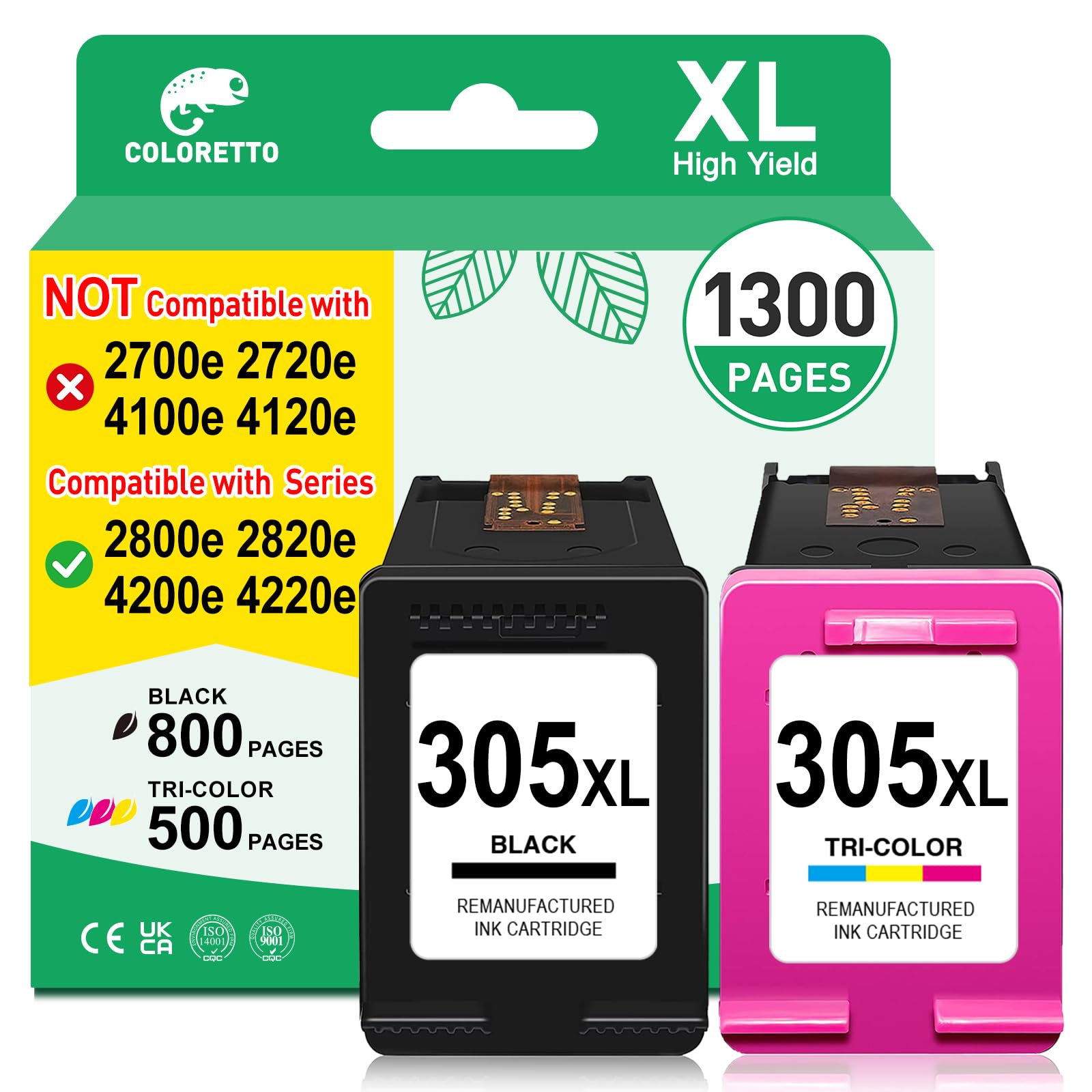 COLORETTO 305XL Ink Cartridges for HP 305 XL DeskJet 2820e 4220e 2800e 2810e 2821e 2822e 2823e 4200e 4210e 4222e 4230e 2800 2810 2820 2821 2821 280 22 28 23 Printer Ink for HP 305 XL Black and Colour