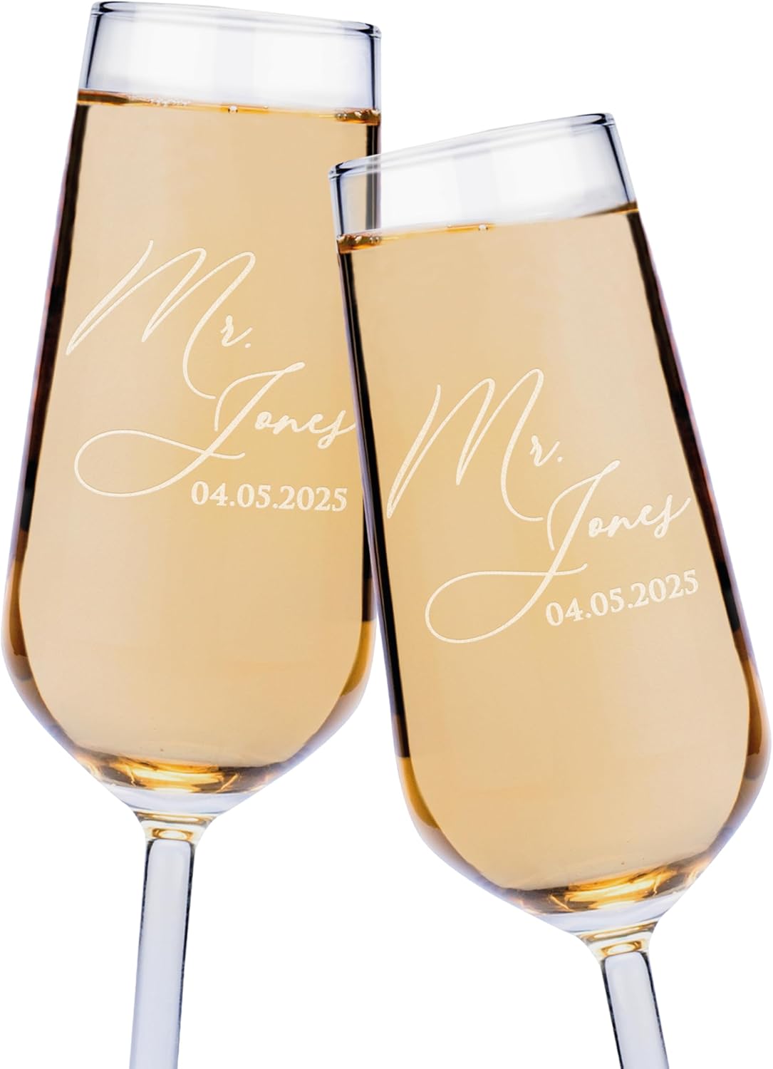 GIFTBYGIFTY Personalized Wedding Champagne Flutes for Bride and Groom - Set of 2, 7 oz, 2 Designs - Champagne Glasses for Engagement with Your Names and Date - D1