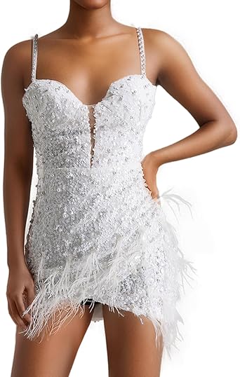 BELLA BARNETT White Mini Dress Women Spaghetti Strap Backless Dress Diamond Feather Dress Low Cut Bodycon Dress