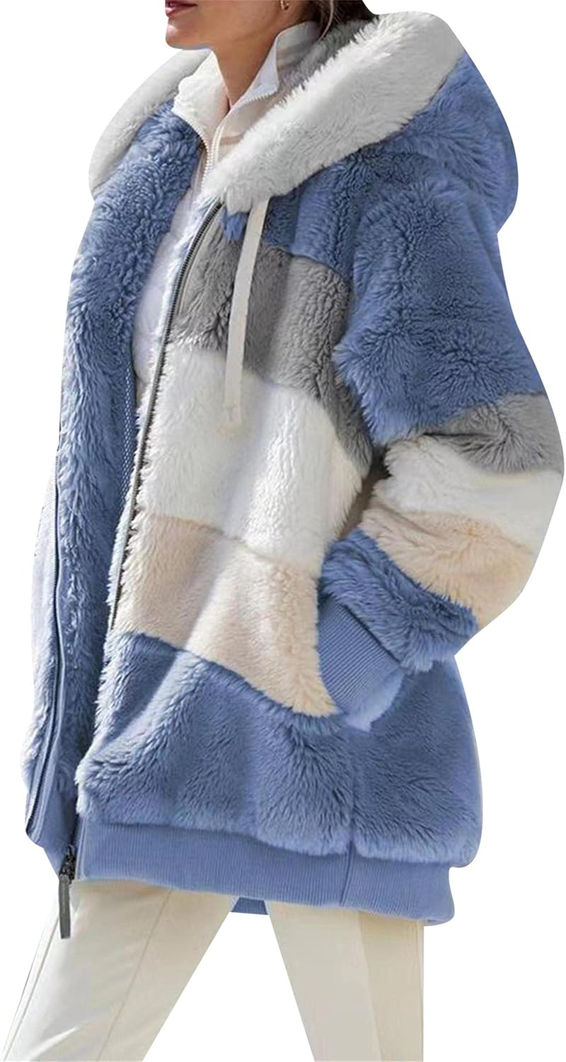 YMING Womens Winter Faux Fur Shaggy Jacket Warm Zip Up Hooded Coat Oversized Shearling Outwear with Pockets
